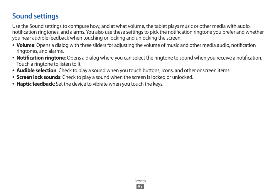 Sound settings, Sound, Settings | Samsung GT-P7100 User Manual | Page 95 / 108