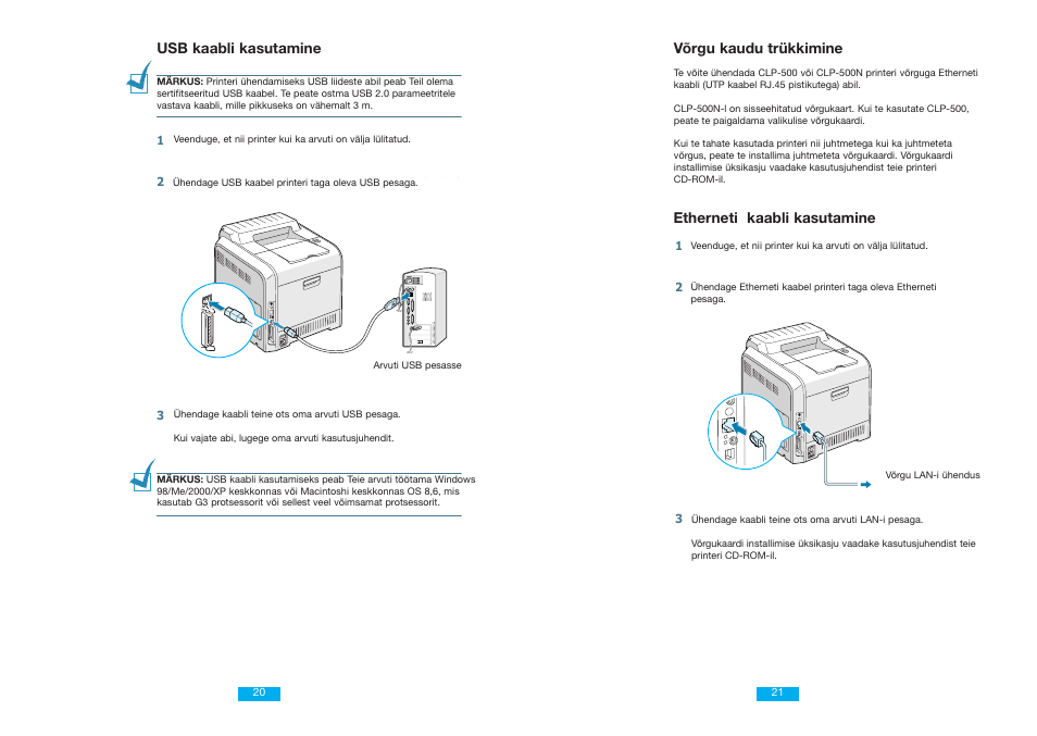 English, Usb kaabli kasutamine, Võrgu kaudu trükkimine | Etherneti kaabli kasutamine | Samsung CLP 500N User Manual | Page 11 / 15
