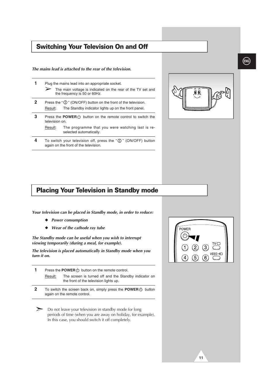 Placing your television in standby mode, Switching your television on and off | Samsung CS-29V5MH User Manual | Page 11 / 36