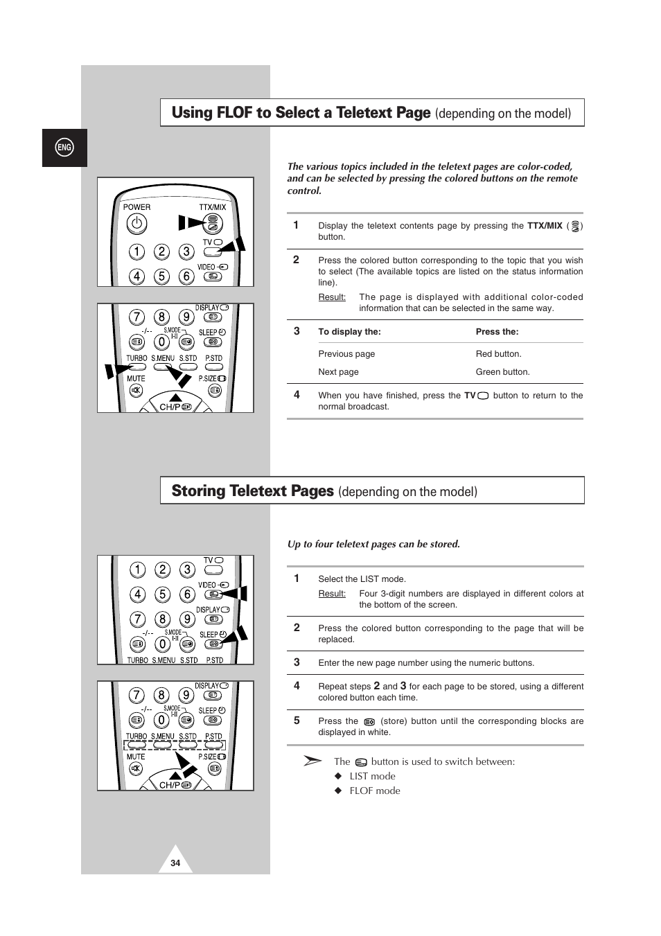 Using flof to select a teletext page, Storing teletext pages, Depending on the model) | Samsung CS-29V5MH User Manual | Page 34 / 36