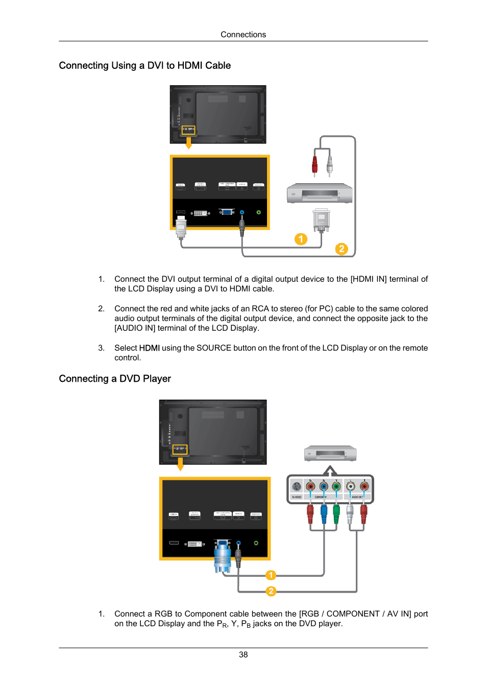 Connecting using a dvi to hdmi cable, Connecting a dvd player | Samsung 550EX(N) QSG User Manual | Page 16 / 25