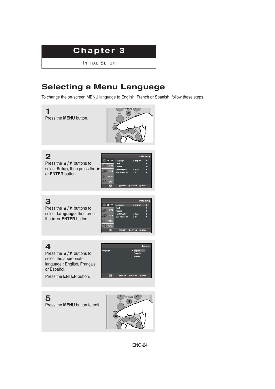 Chapter 3 initial setup, Selecting a menu language | Samsung AK68-00956L/01 User Manual | Page 24 / 95