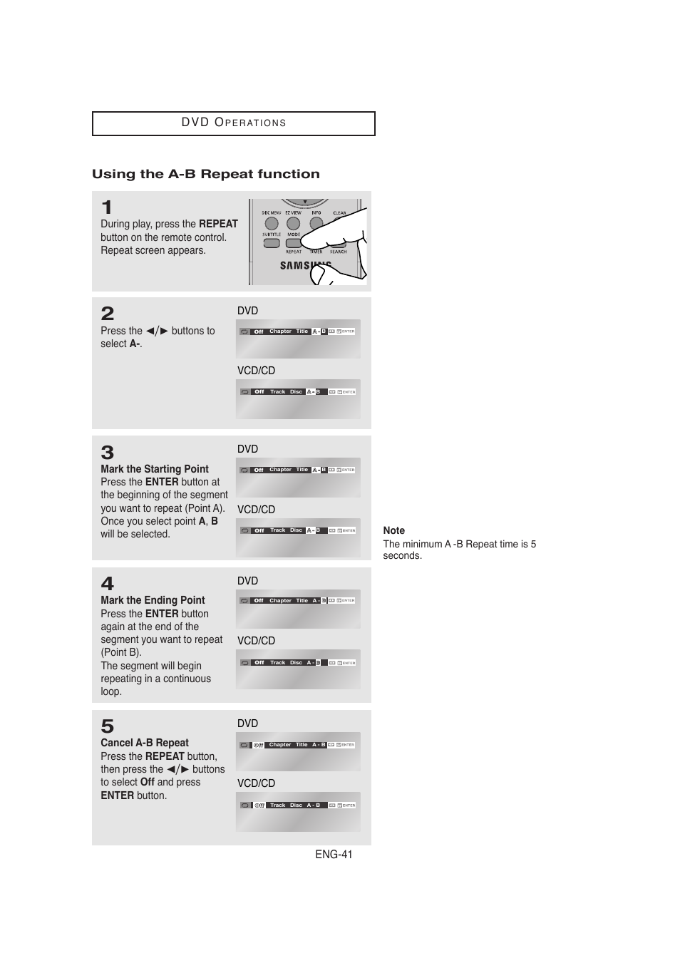 D v d o, Using the a-b repeat function, Eng-41 | Press the ¥ buttons to select a, Vcd/cd | Samsung AK68-00956L/01 User Manual | Page 41 / 95