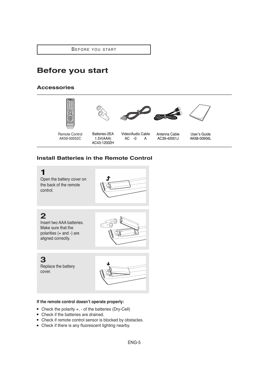 Before you start, Accessories, Install batteries in the remote control | Samsung AK68-00956L/01 User Manual | Page 5 / 95