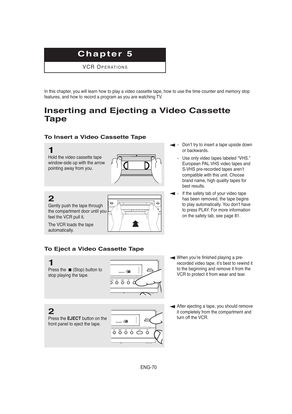 Chapter 5 vcr operations, Inserting and ejecting a video cassette tape | Samsung AK68-00956L/01 User Manual | Page 70 / 95