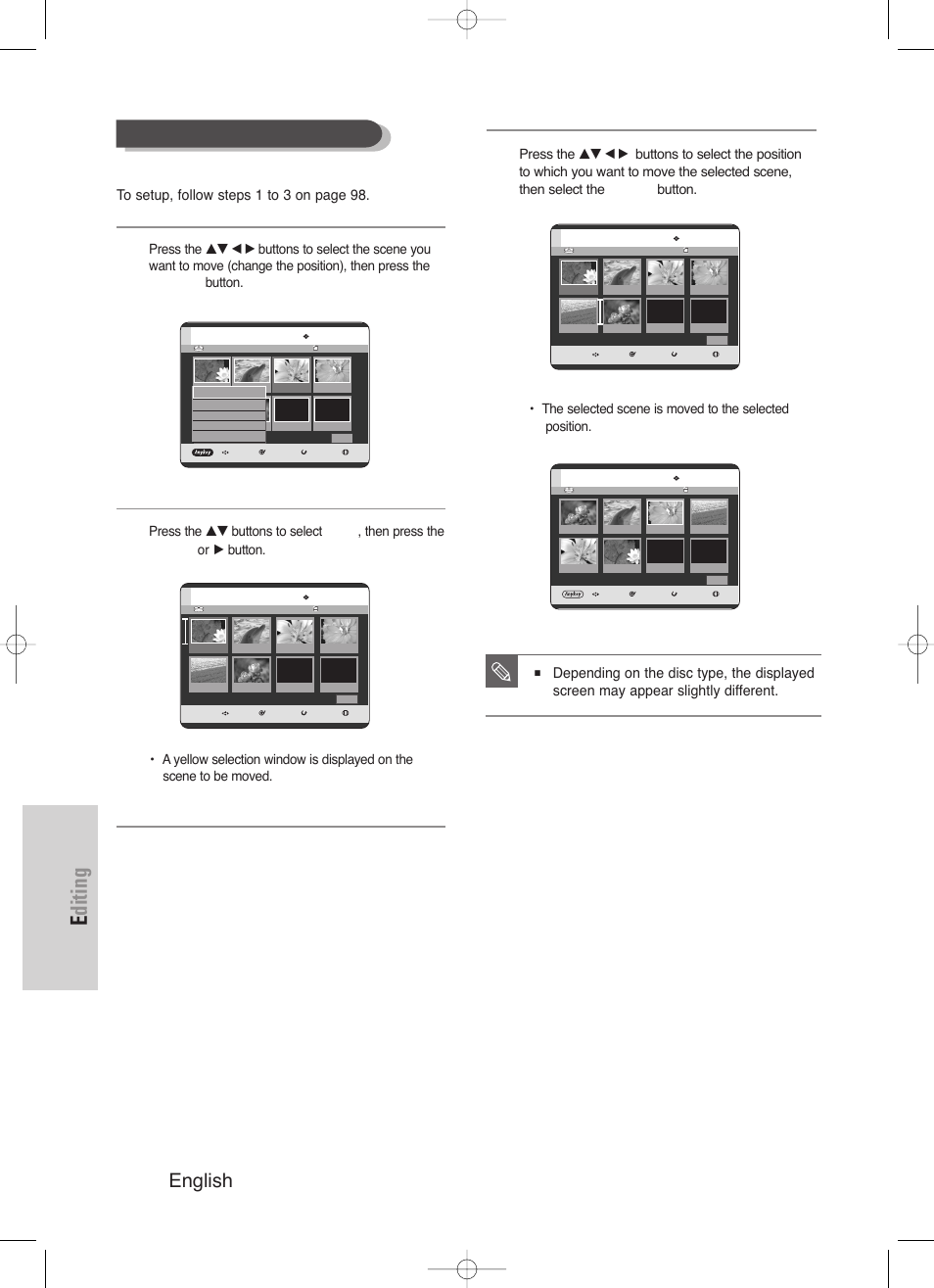 Editing, 100 - english, Moving a scene (changing the position of a scene) | Samsung DVD-HR720/ User Manual | Page 100 / 168