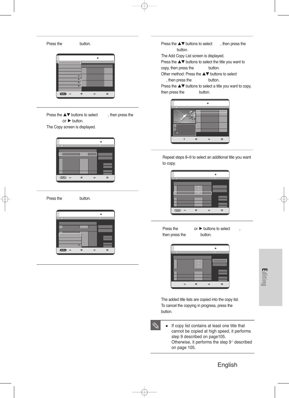 Editing, English - 107, Enter or | Enter, Described on page 105, Press the anykey button, Button. the copy screen is displayed | Samsung DVD-HR720/ User Manual | Page 107 / 168