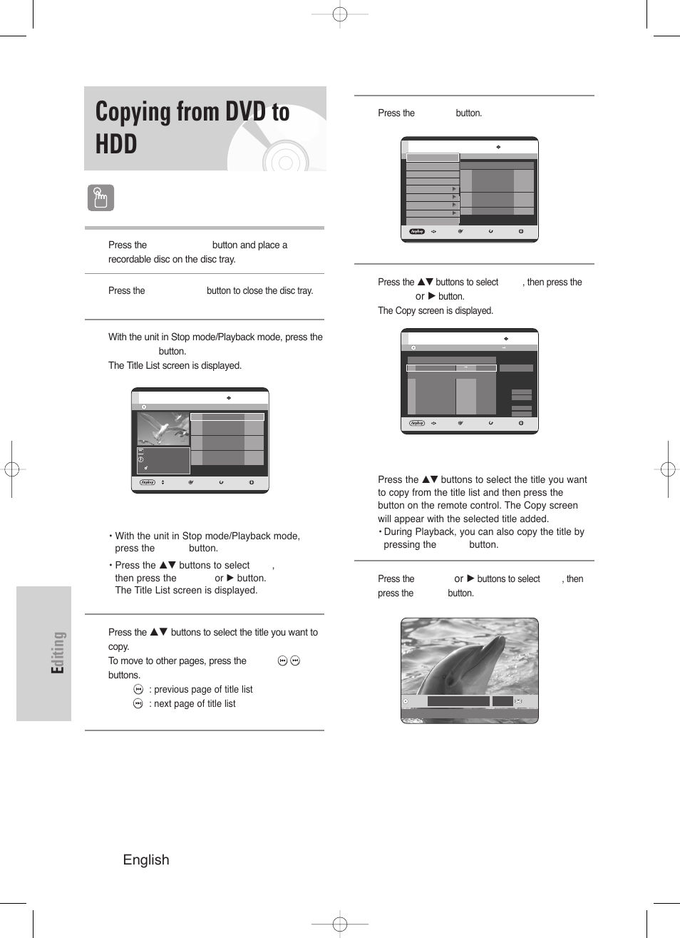Copying from dvd to hdd, Editing, 110 - english | Using the title list button, About using copy button | Samsung DVD-HR720/ User Manual | Page 110 / 168