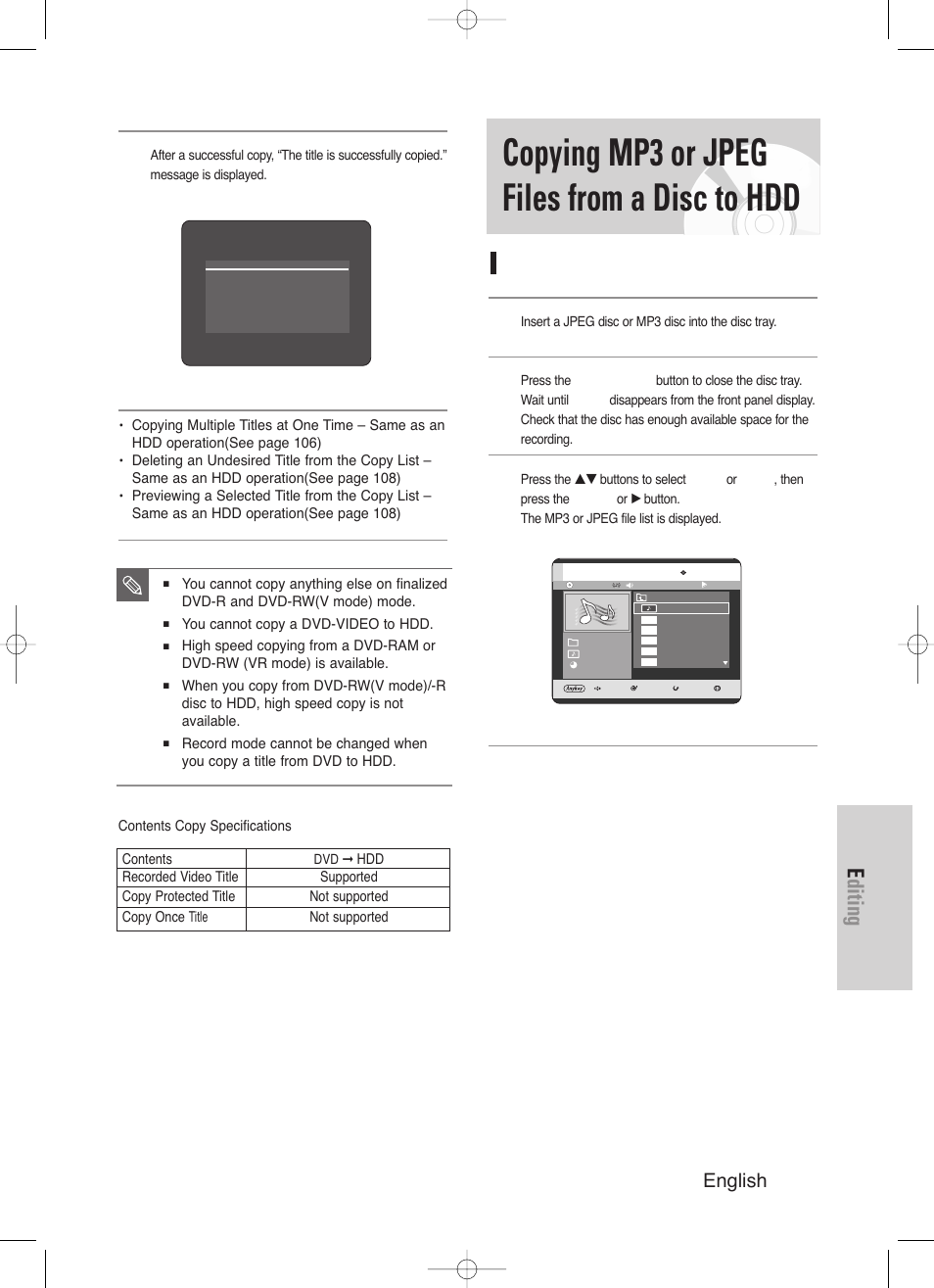 Copying mp3 or jpeg files from a disc to hdd, Editing, English - 111 | File copy | Samsung DVD-HR720/ User Manual | Page 111 / 168