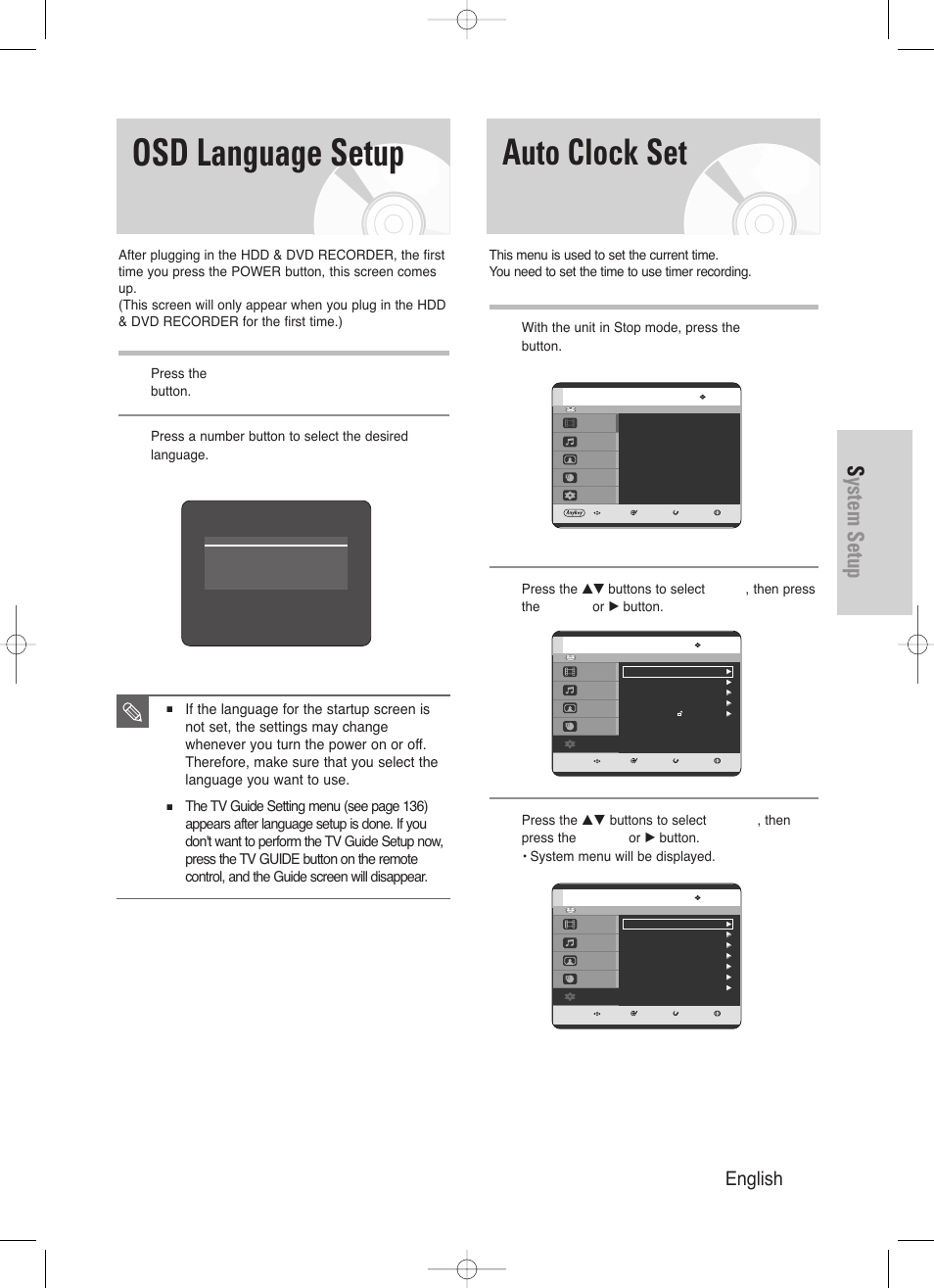 Osd language setup, Auto clock set, System setup | English - 31 | Samsung DVD-HR720/ User Manual | Page 31 / 168