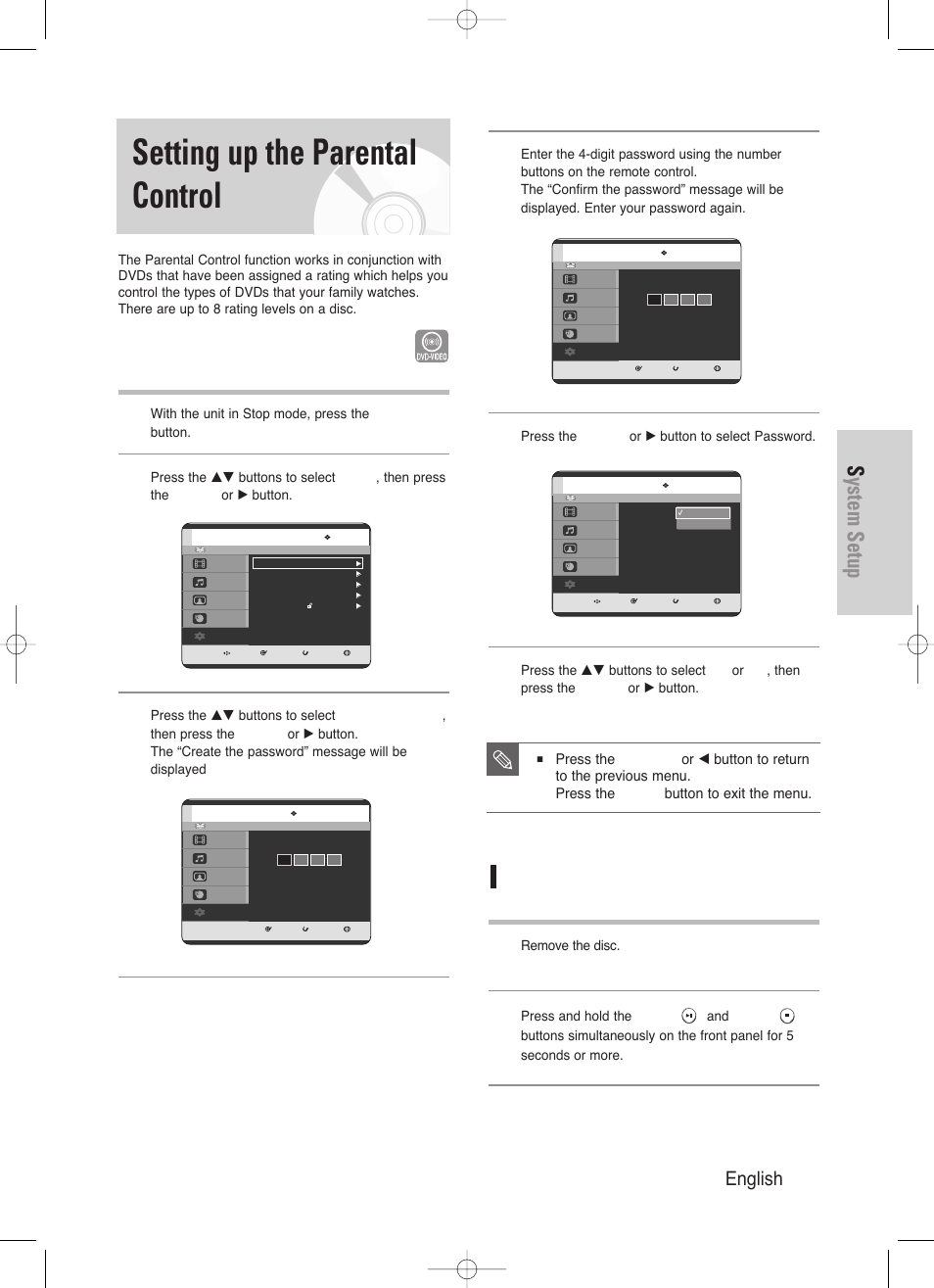 Setting up the parental control, System setup, English - 47 | If you forgot your password | Samsung DVD-HR720/ User Manual | Page 47 / 168