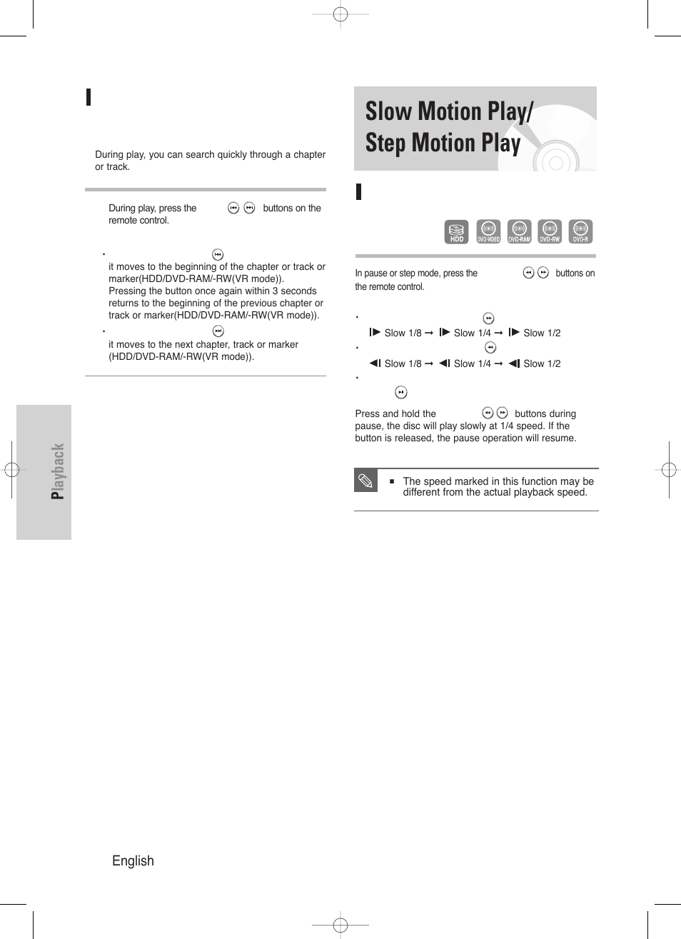 Slow motion play/ step motion play, Playback, 52 - english | Skipping chapters, tracks or markers, Slow motion play | Samsung DVD-HR720/ User Manual | Page 52 / 168