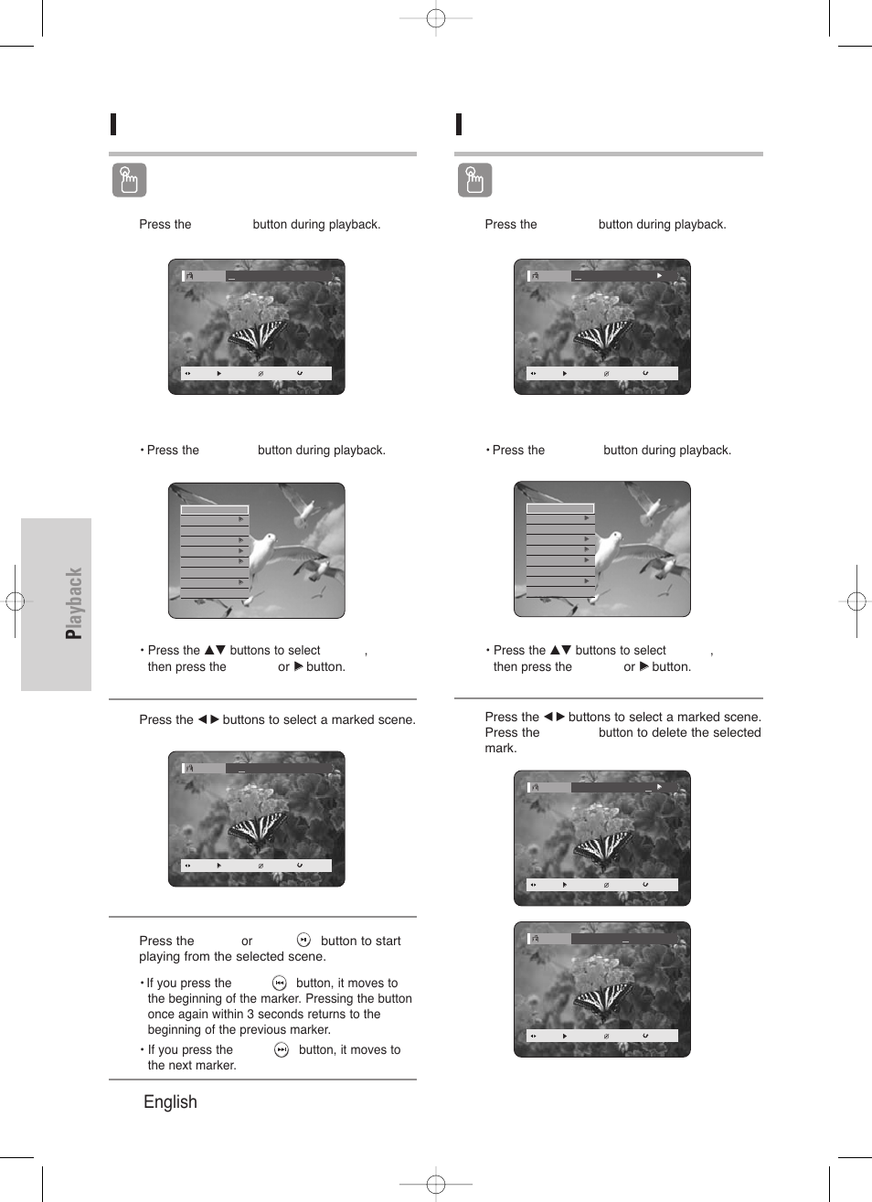 Playback, 60 - english, Playing back a marker | Clearing a marker, Using the marker button, Using the anykey button | Samsung DVD-HR720/ User Manual | Page 60 / 168