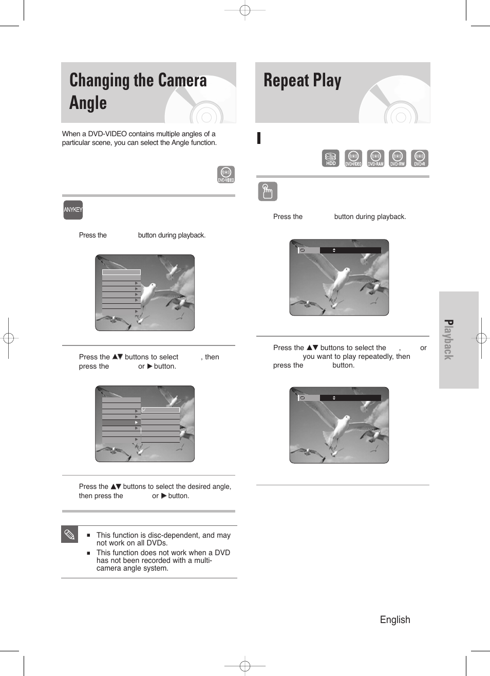 Changing the camera angle, Repeat play, Playback | English - 65, Playing repeatedly(repeat playback), Using the anykey button, Using the repeat button | Samsung DVD-HR720/ User Manual | Page 65 / 168