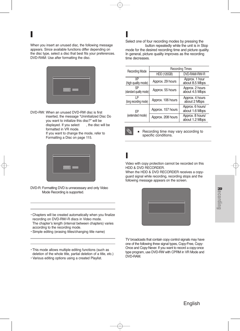 Recording, English - 79, Recording formats | Recording mode, Unrecordable video, Concerning copy control signals | Samsung DVD-HR720/ User Manual | Page 79 / 168