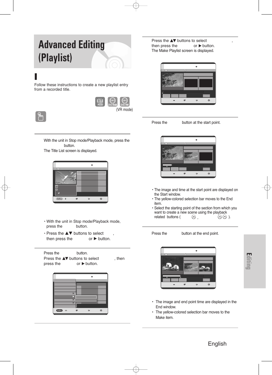 Advanced editing playlist), Advanced editing (playlist), Editing | English - 95, Creating a playlist, Using the title list button, Using the menu button, Vr mode) | Samsung DVD-HR720/ User Manual | Page 95 / 168