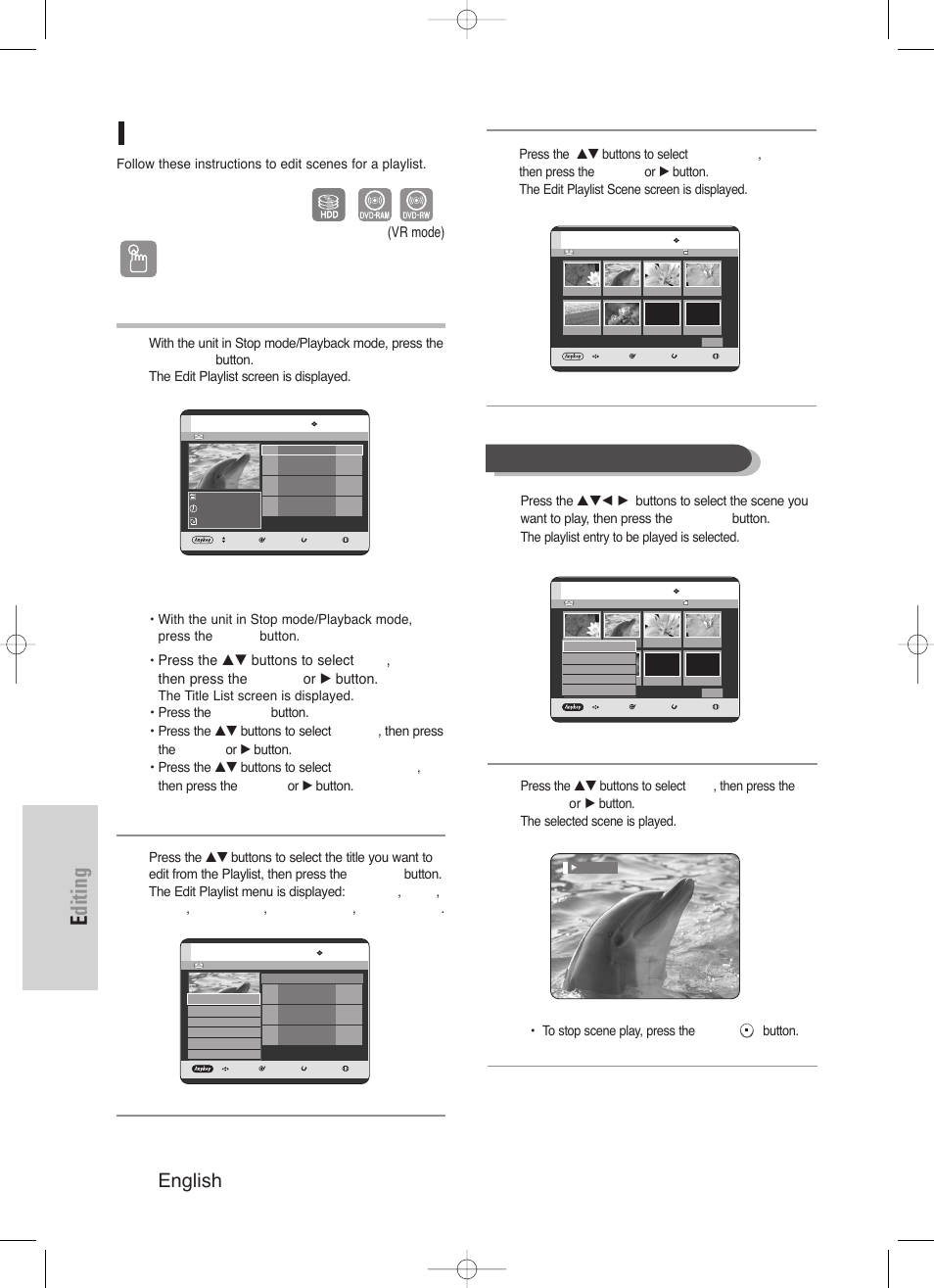 Editing, 98 - english, Editing a scene for the playlist | Using the play list button, Playing a selected scene, Using the menu button, Vr mode) | Samsung DVD-HR720/ User Manual | Page 98 / 168