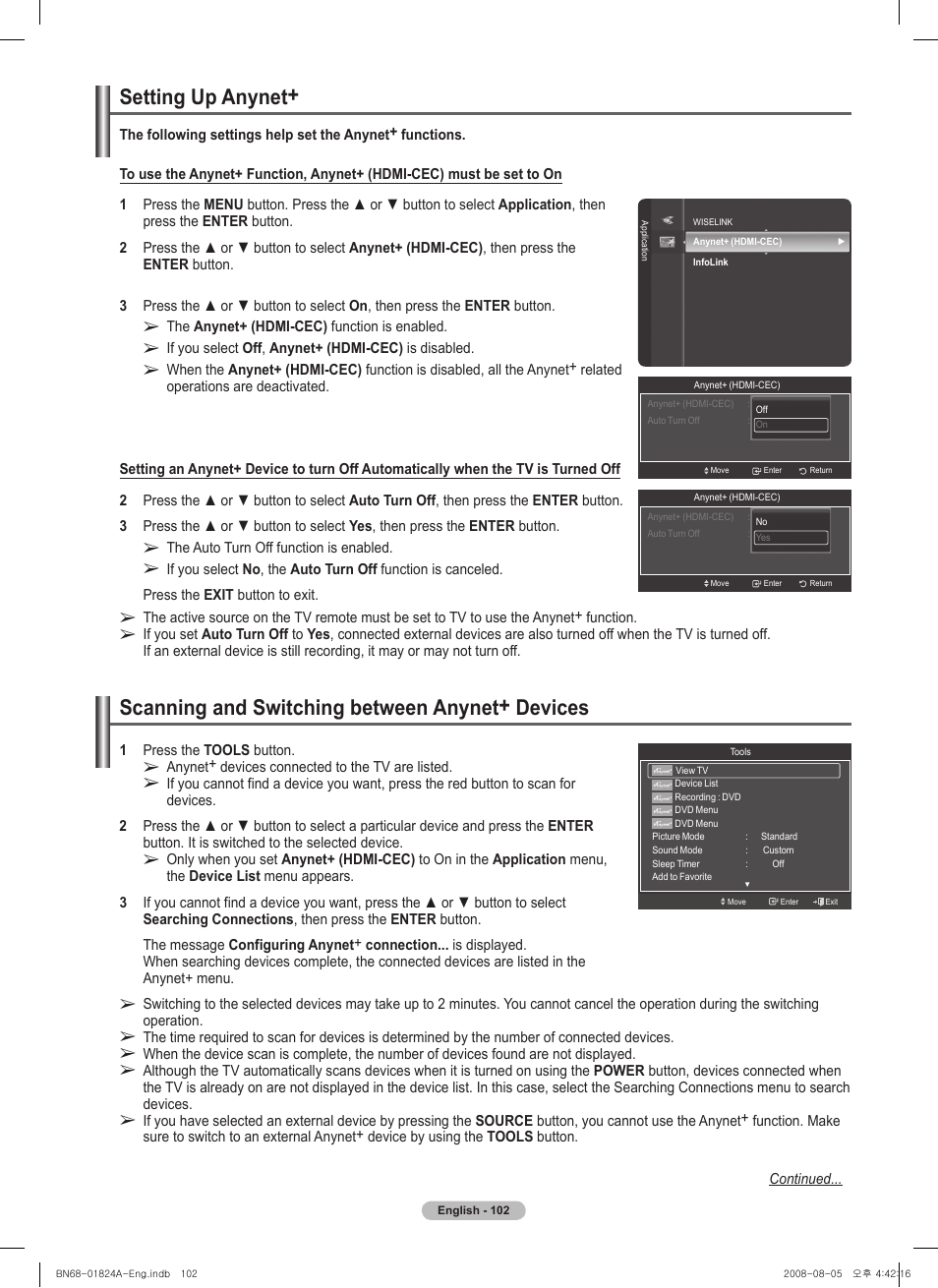 Setting up anynet, Scanning and switching between anynet+ devices | Samsung BN68-01824A-00 User Manual | Page 102 / 230