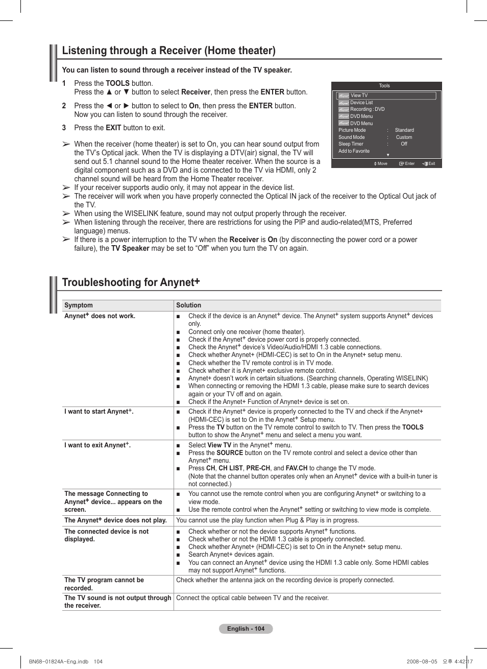 Listening through a receiver (home theater), Troubleshooting for anynet | Samsung BN68-01824A-00 User Manual | Page 104 / 230