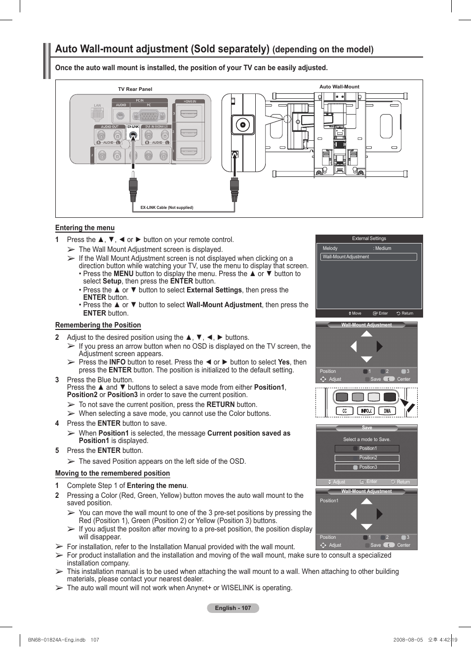 Auto wall-mount adjustment (sold separately), Depending on the model) | Samsung BN68-01824A-00 User Manual | Page 107 / 230