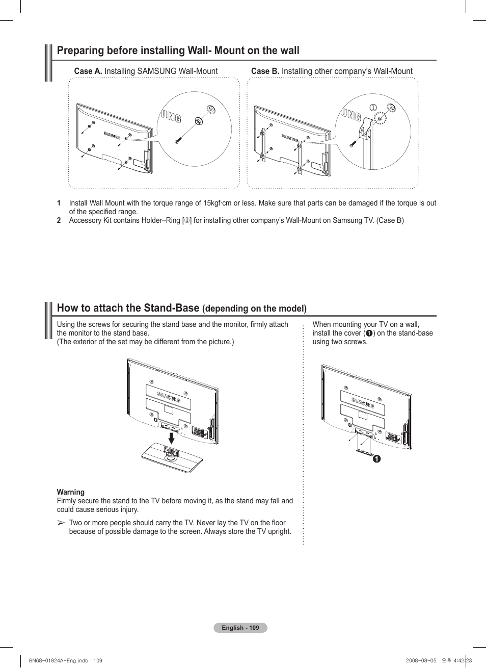 How to attach the stand-base | Samsung BN68-01824A-00 User Manual | Page 109 / 230