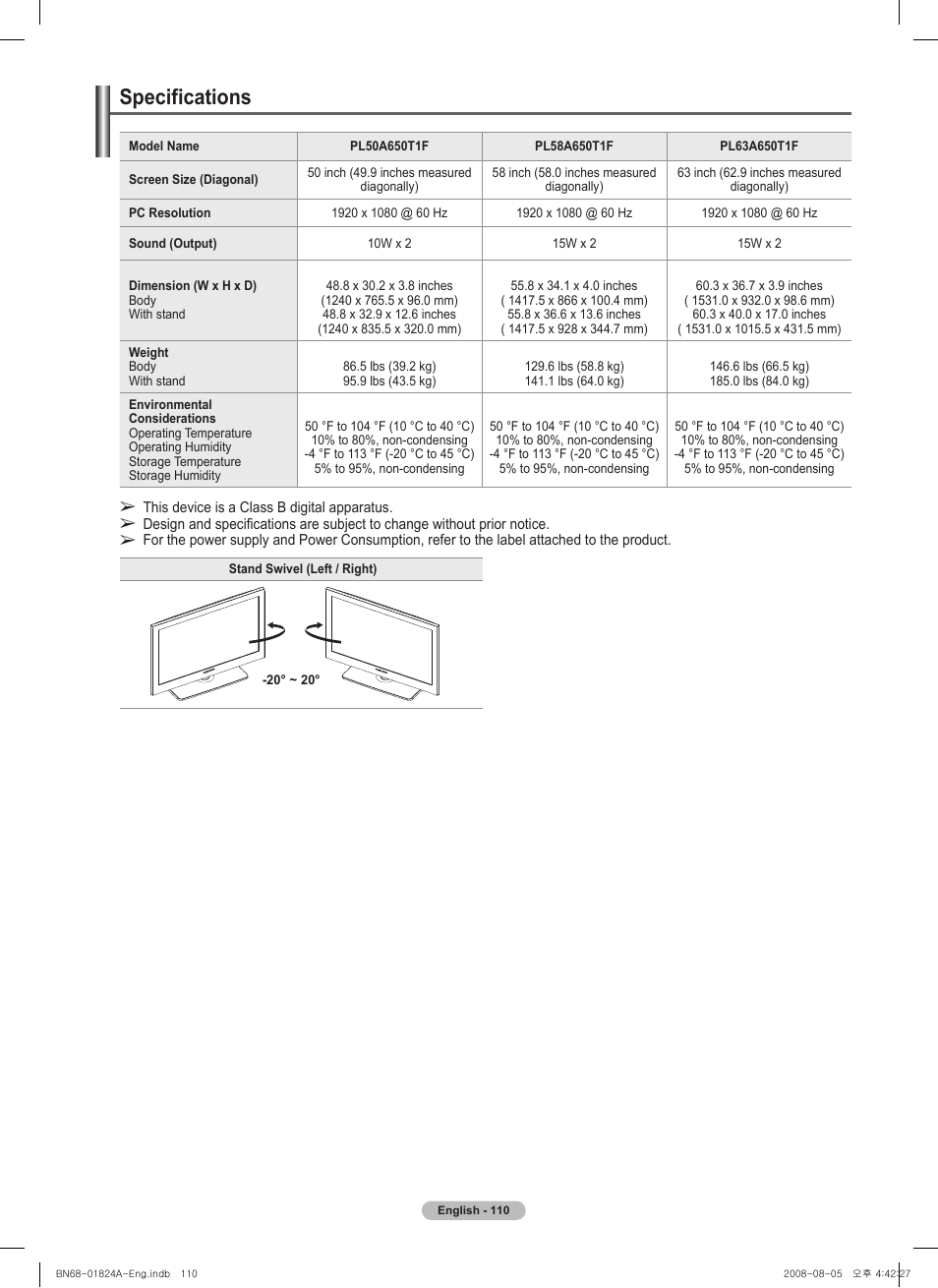 Specifications | Samsung BN68-01824A-00 User Manual | Page 110 / 230