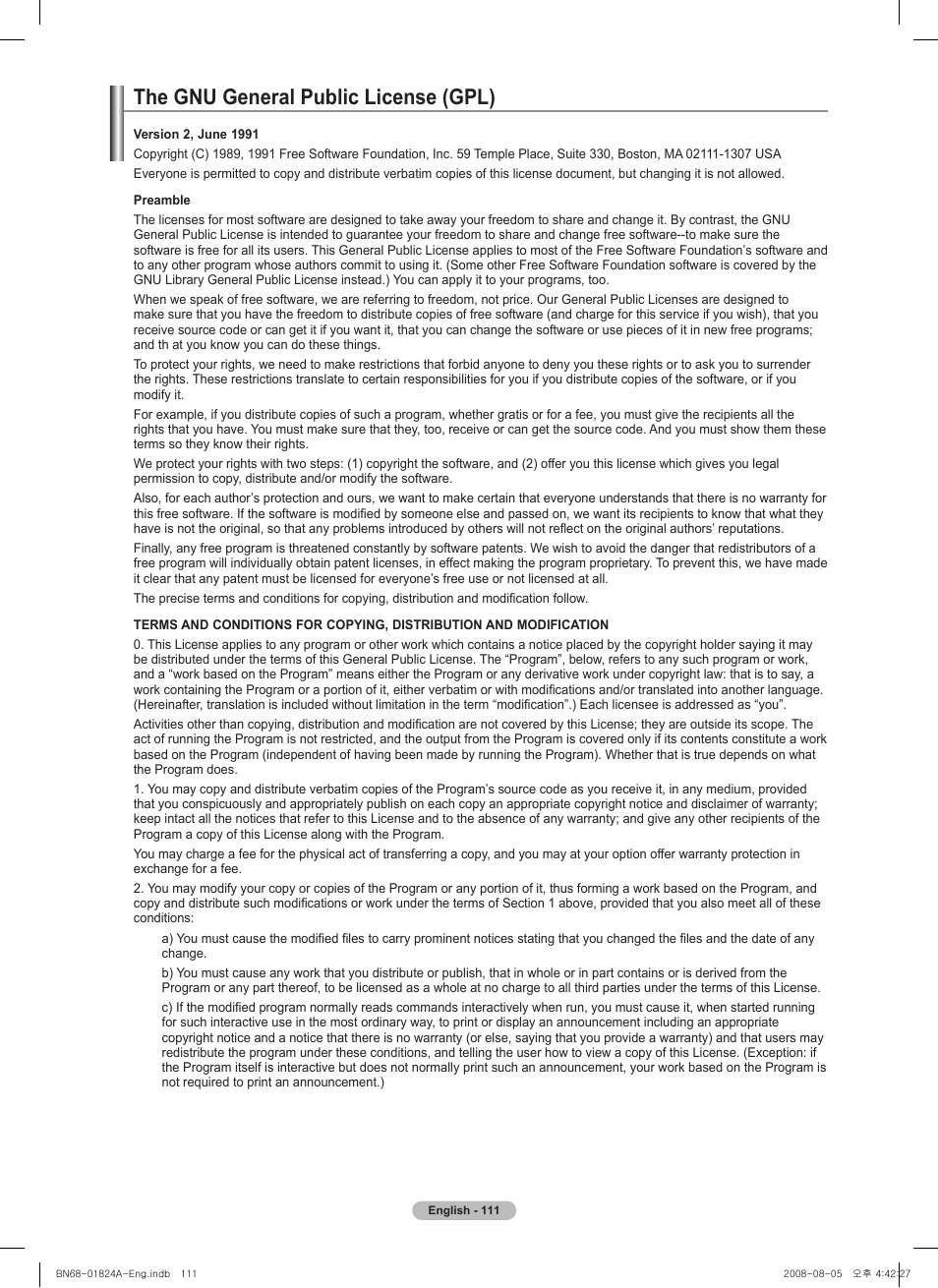 The gnu general public license (gpl) | Samsung BN68-01824A-00 User Manual | Page 111 / 230