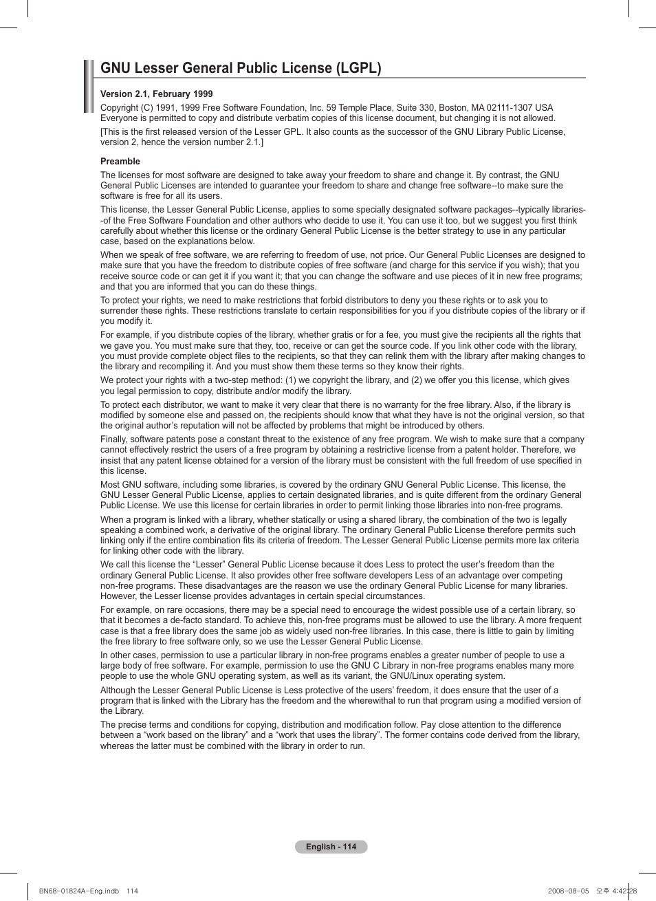 Gnu lesser general public license (lgpl) | Samsung BN68-01824A-00 User Manual | Page 114 / 230
