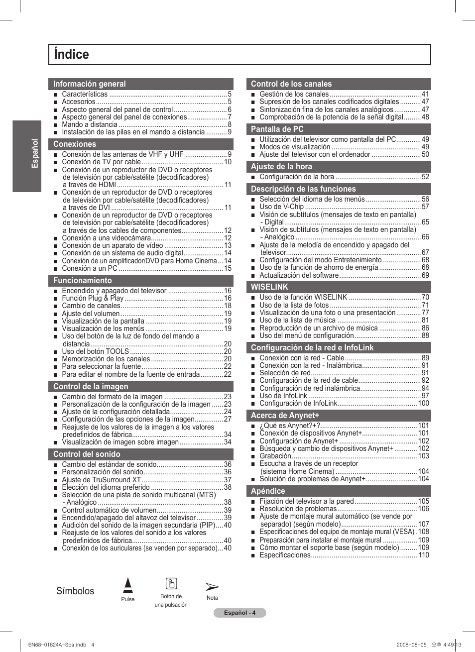 Índice, Símbolos | Samsung BN68-01824A-00 User Manual | Page 123 / 230