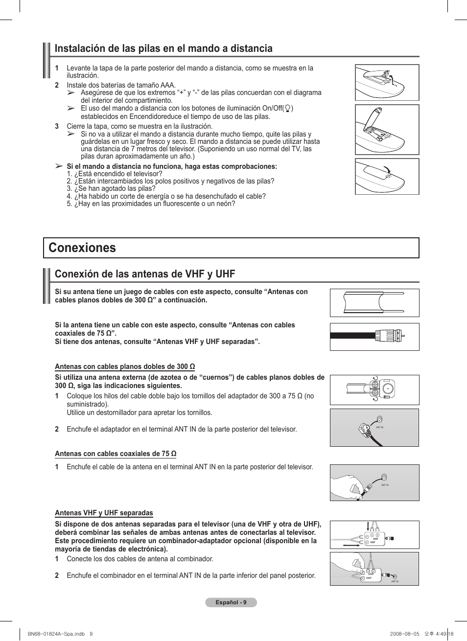 Conexiones, Conexión de las antenas de vhf y uhf, Instalación de las pilas en el mando a distancia | Samsung BN68-01824A-00 User Manual | Page 128 / 230