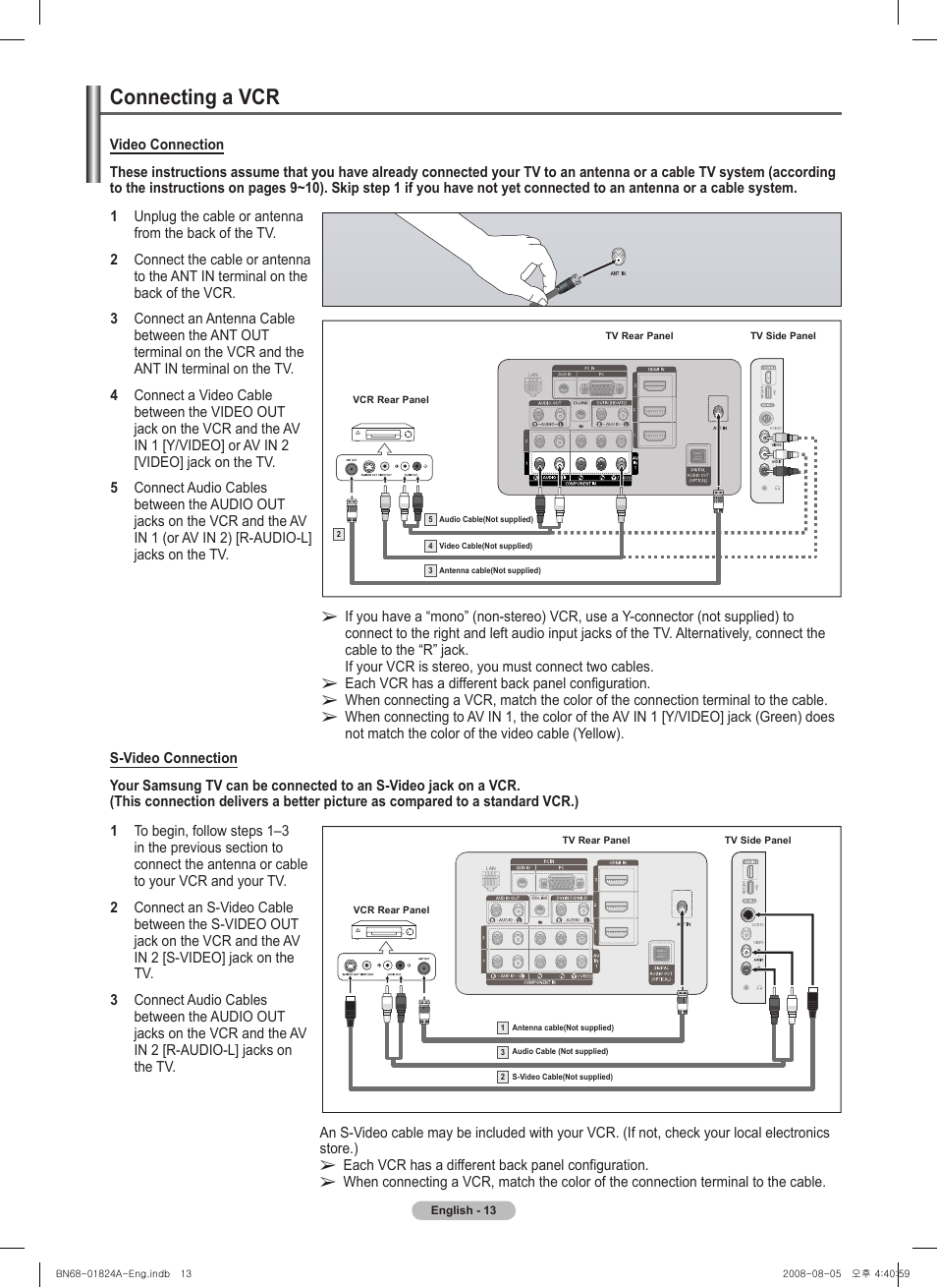Connecting a vcr | Samsung BN68-01824A-00 User Manual | Page 13 / 230