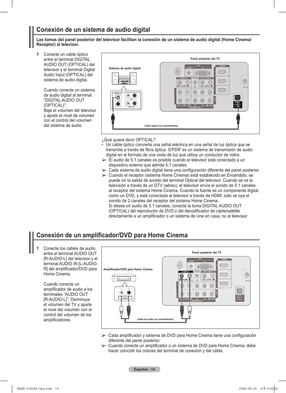 Conexión de un amplificador/dvd para home cinema, Conexión de un sistema de audio digital | Samsung BN68-01824A-00 User Manual | Page 133 / 230