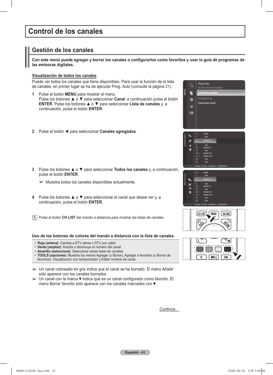 Control de los canales, Gestión de los canales | Samsung BN68-01824A-00 User Manual | Page 160 / 230