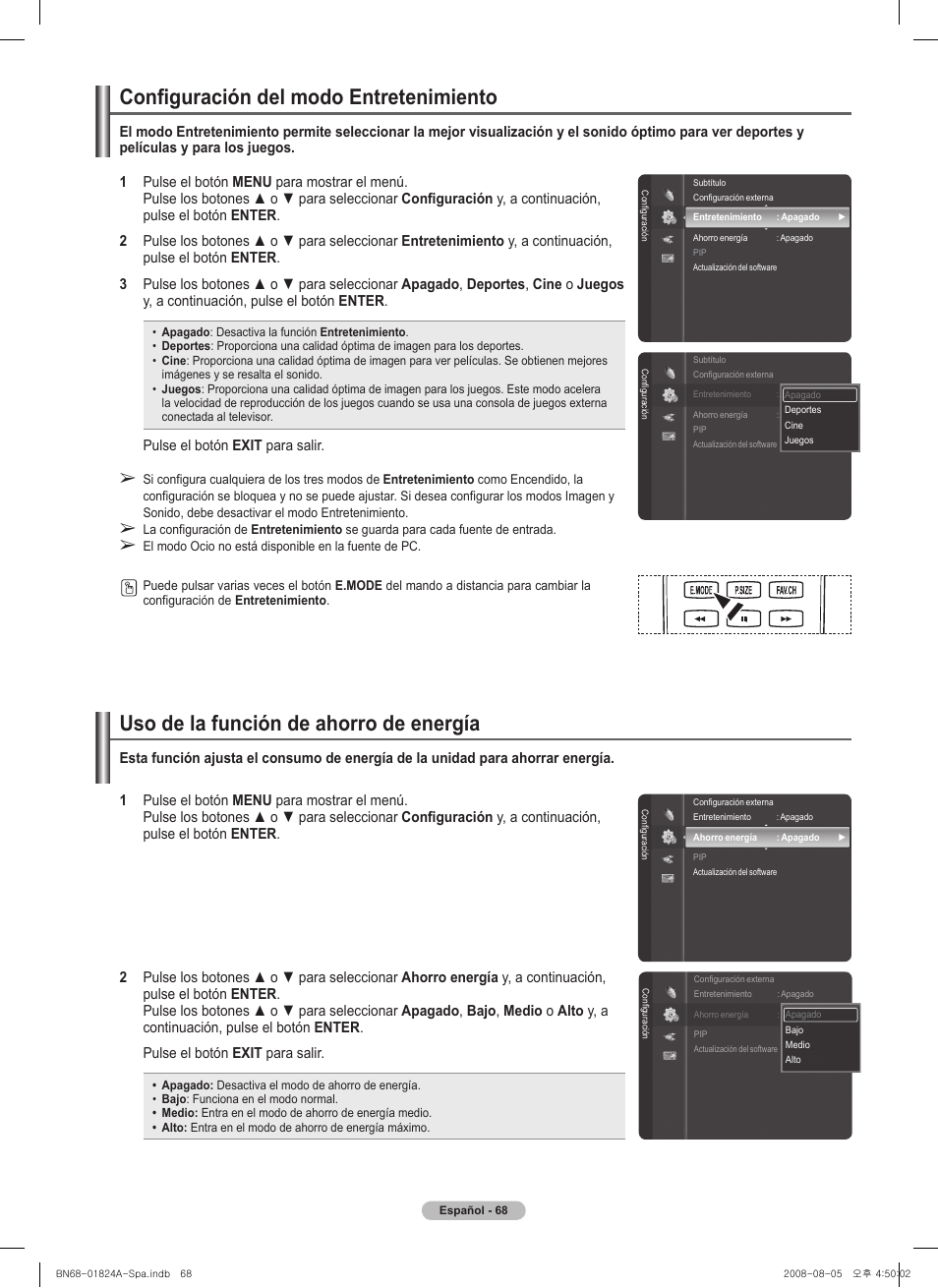 Uso de la función de ahorro de energía, Configuración del modo entretenimiento | Samsung BN68-01824A-00 User Manual | Page 187 / 230