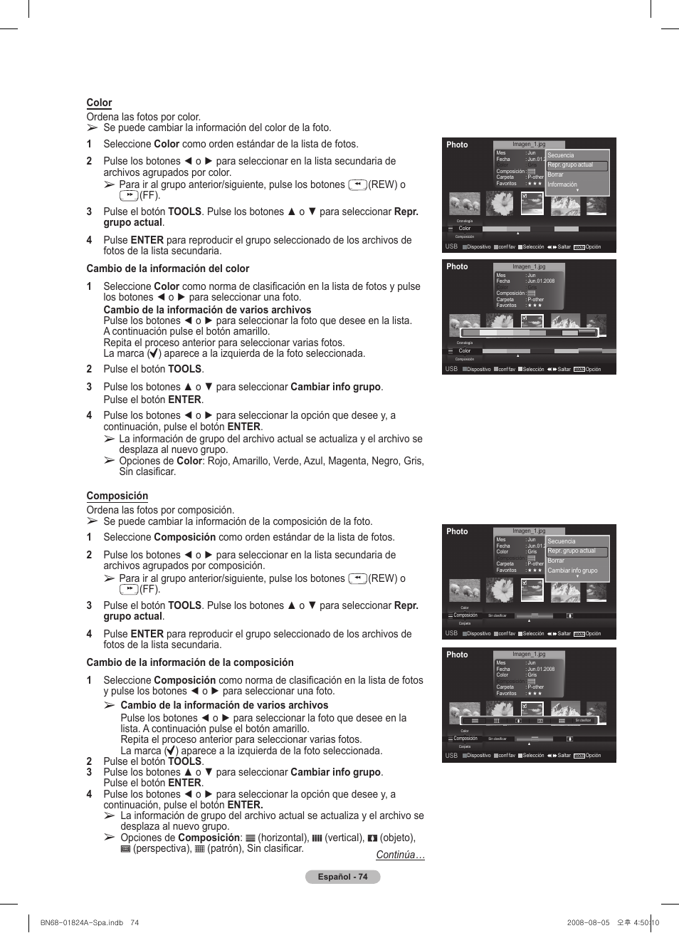 Color ordena las fotos por color, Rew) o, Cambio de la información de varios archivos | Continúa | Samsung BN68-01824A-00 User Manual | Page 193 / 230