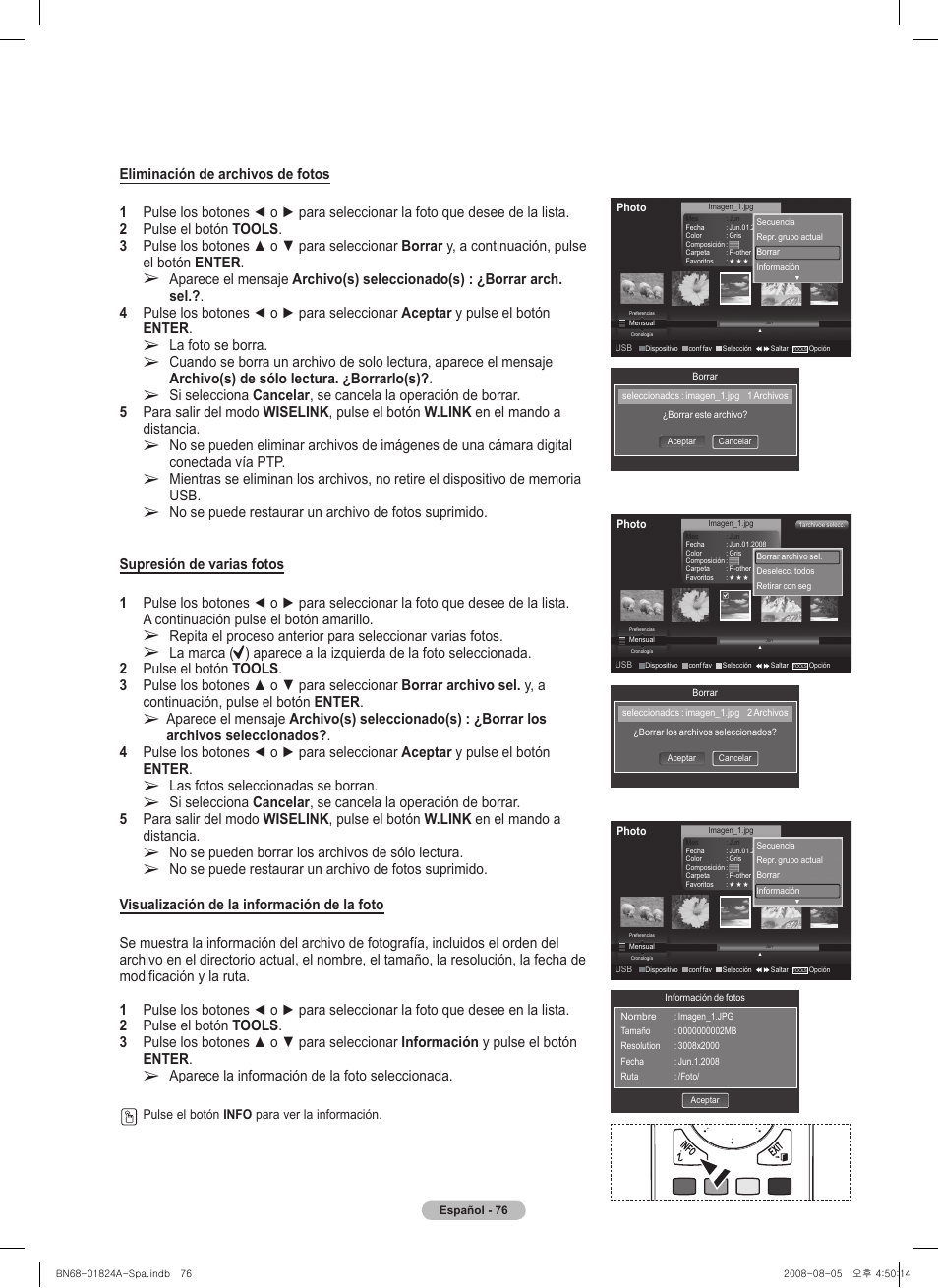 La foto se borra, Las fotos seleccionadas se borran, No se pueden borrar los archivos de sólo lectura | Aparece la información de la foto seleccionada | Samsung BN68-01824A-00 User Manual | Page 195 / 230