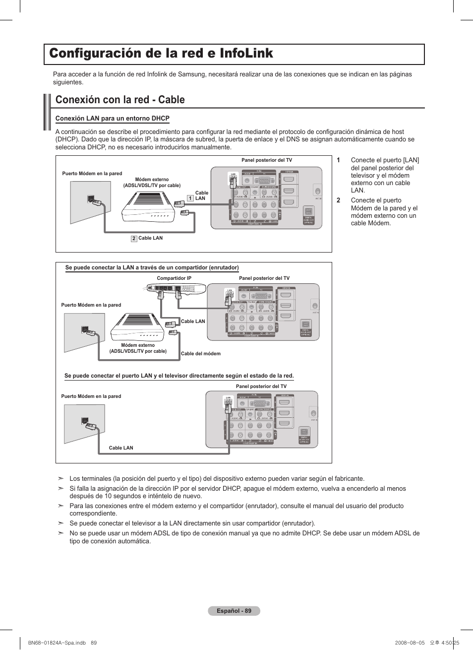 Configuración de la red e infolink, Conexión con la red - cable | Samsung BN68-01824A-00 User Manual | Page 208 / 230