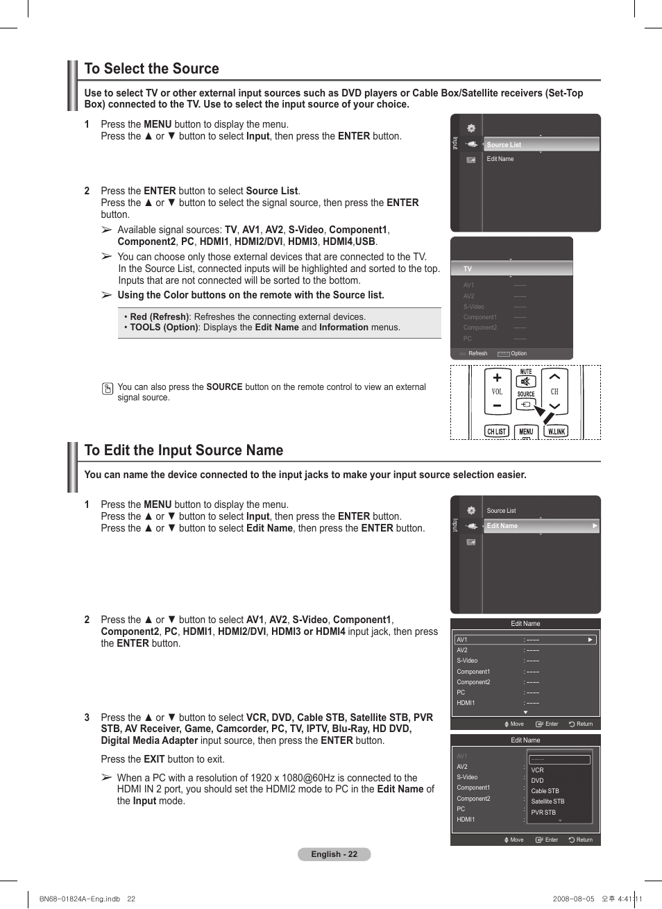 To select the source, To edit the input source name | Samsung BN68-01824A-00 User Manual | Page 22 / 230