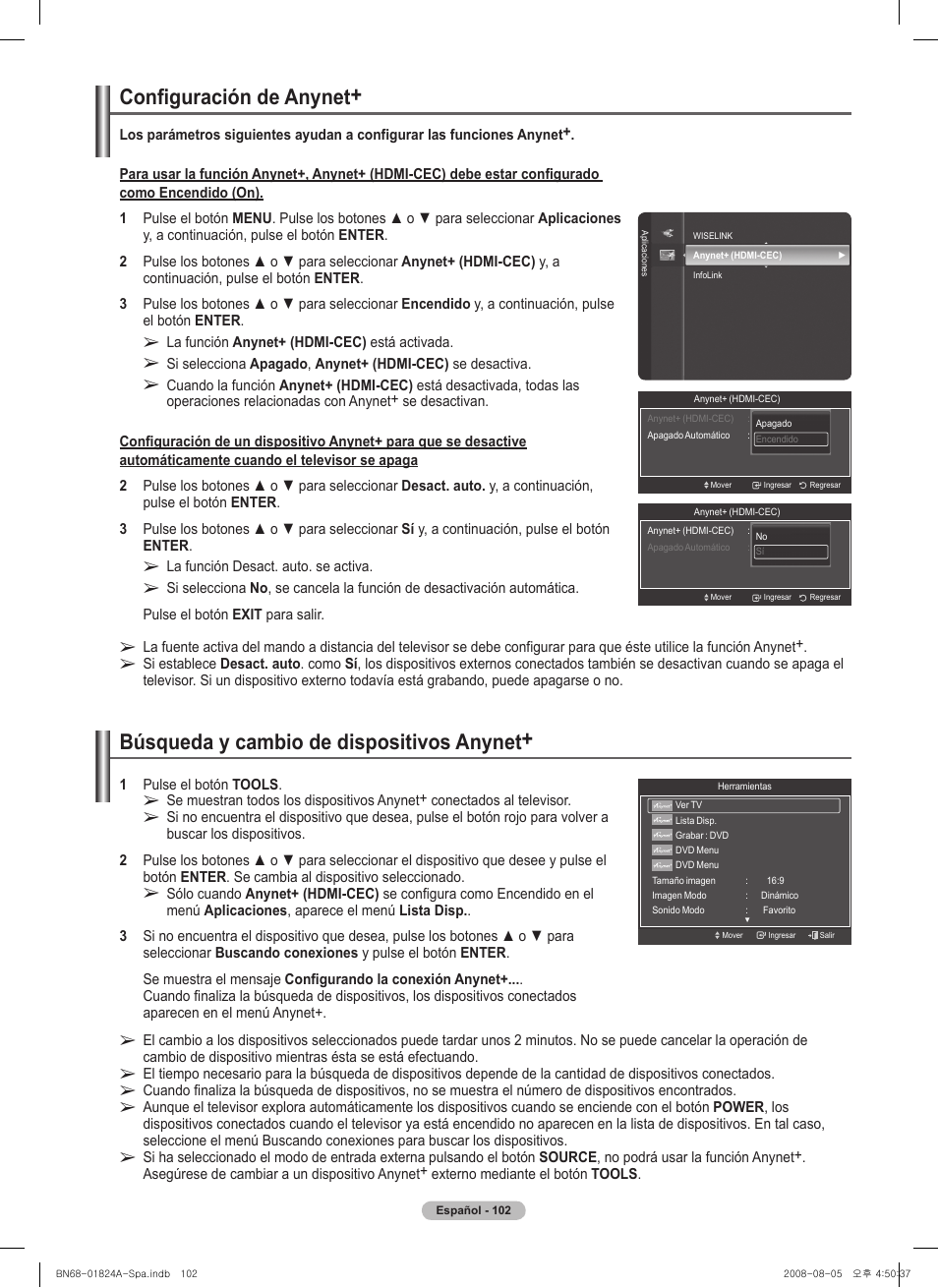 Configuración de anynet, Búsqueda y cambio de dispositivos anynet | Samsung BN68-01824A-00 User Manual | Page 221 / 230