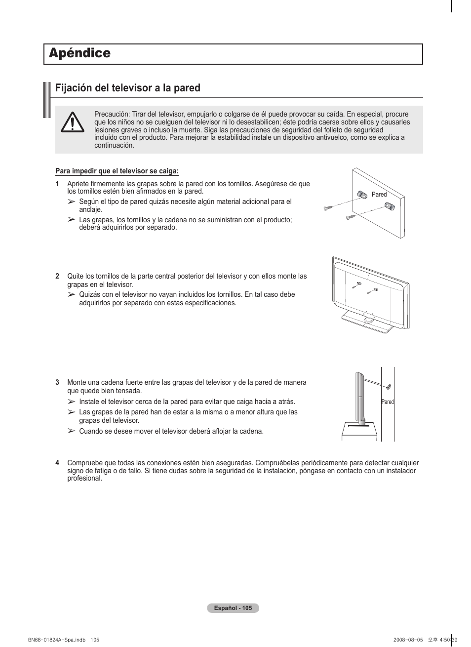 경고 주의 경고 주의, Apéndice, Fijación del televisor a la pared | Samsung BN68-01824A-00 User Manual | Page 224 / 230