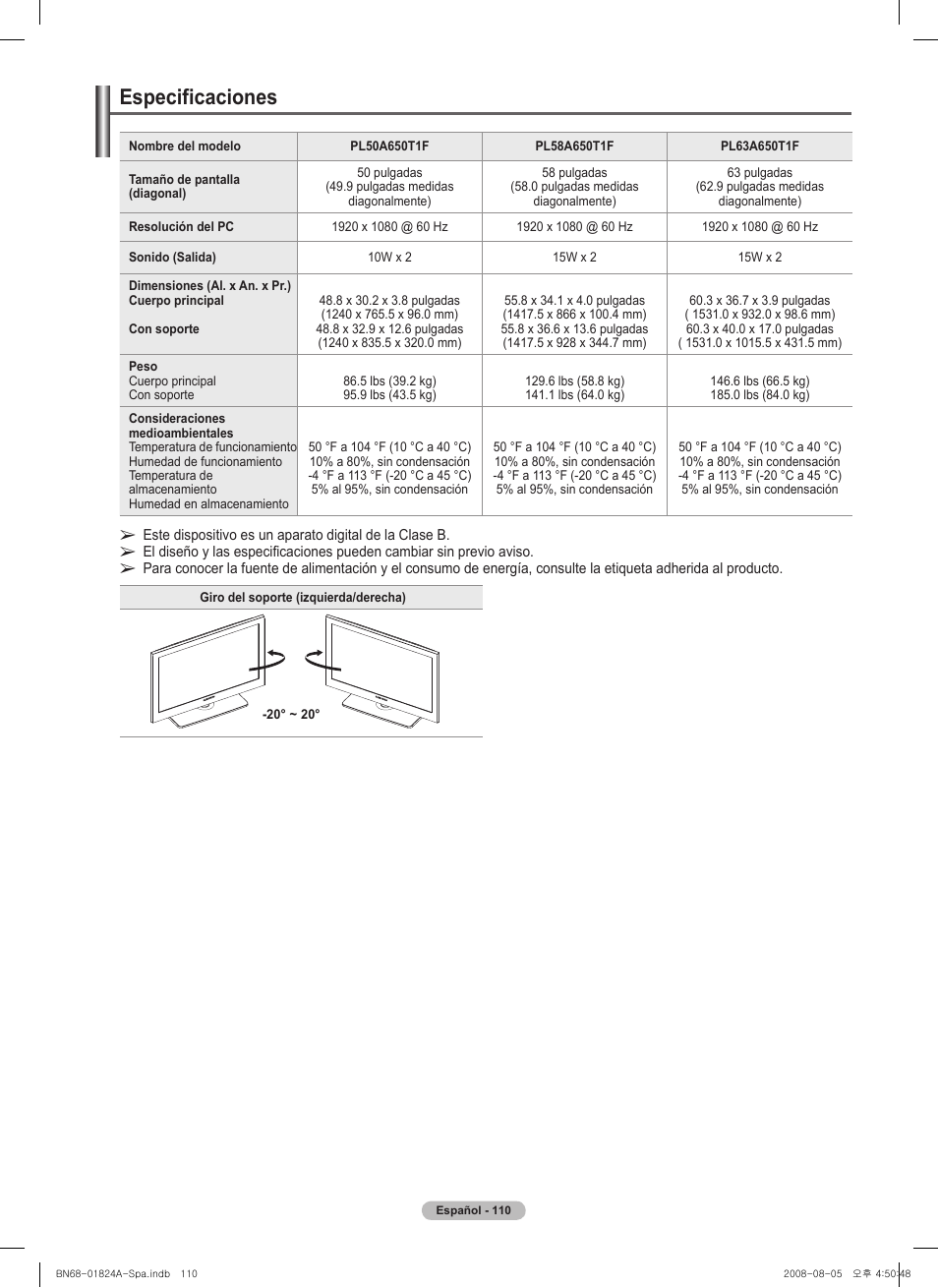 Esta página se ha dejado en blanco expresamente, Especificaciones | Samsung BN68-01824A-00 User Manual | Page 229 / 230