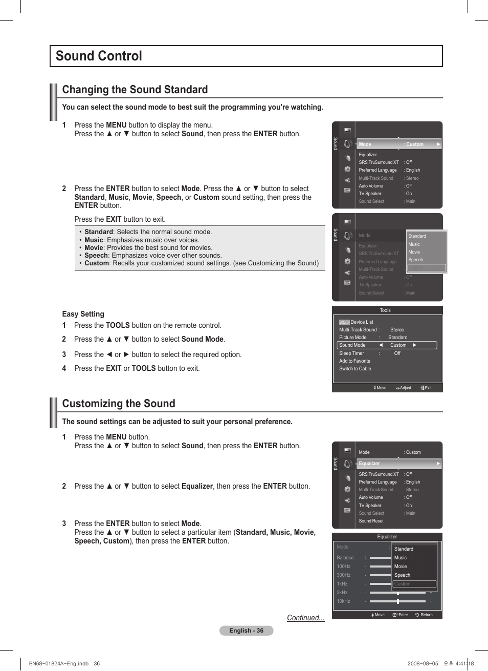 Sound control, Changing the sound standard, Customizing the sound | Samsung BN68-01824A-00 User Manual | Page 36 / 230
