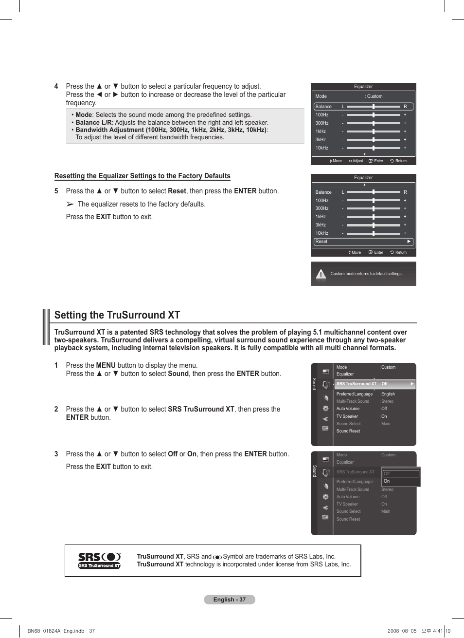 Setting the trusurround xt | Samsung BN68-01824A-00 User Manual | Page 37 / 230