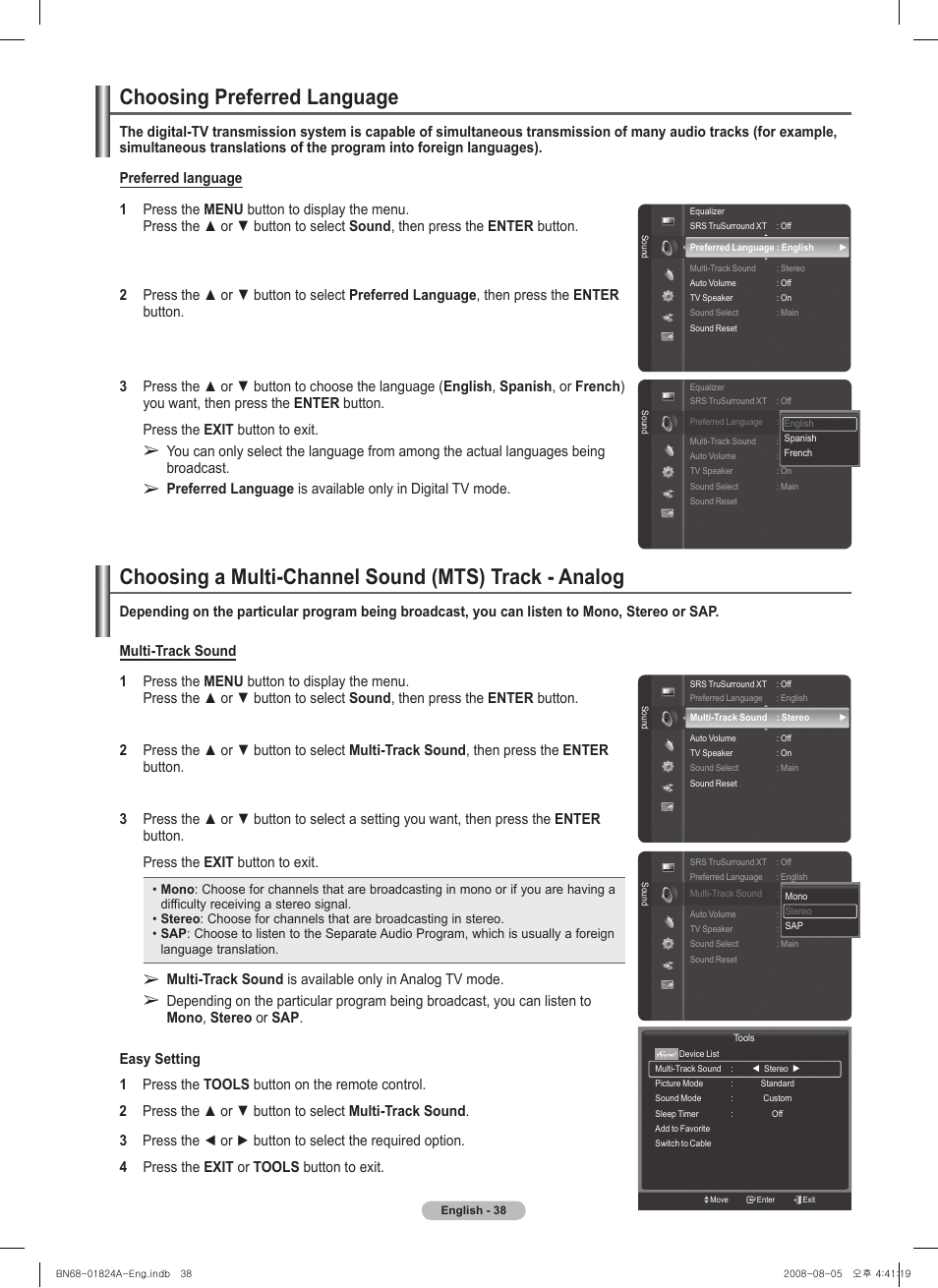 Choosing preferred language | Samsung BN68-01824A-00 User Manual | Page 38 / 230