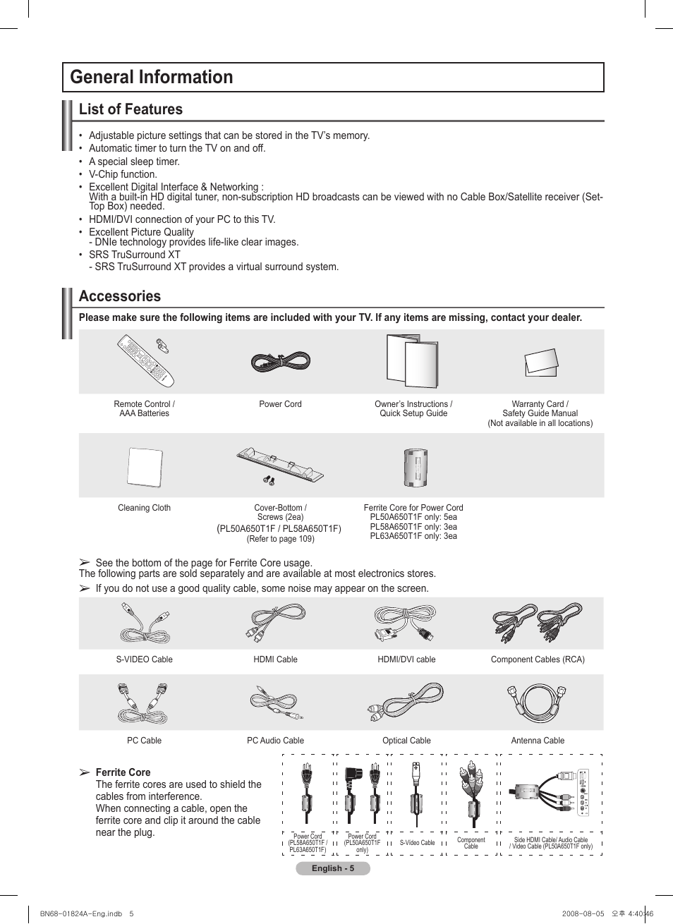 General information, List of features, Accessories | Samsung BN68-01824A-00 User Manual | Page 5 / 230