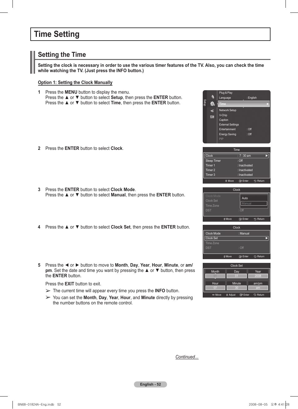 Time setting, Setting the time | Samsung BN68-01824A-00 User Manual | Page 52 / 230