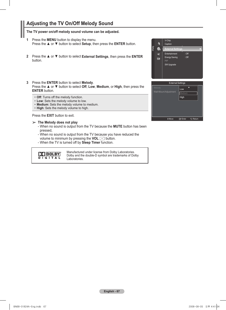 Adjusting the tv on/off melody sound | Samsung BN68-01824A-00 User Manual | Page 67 / 230