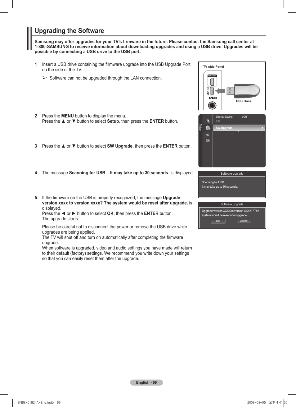 Upgrading the software | Samsung BN68-01824A-00 User Manual | Page 69 / 230