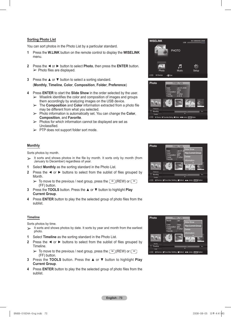 Ptp does not support folder sort mode. monthly, Rew) or, Sorts photos by month | Timeline sorts photos by time | Samsung BN68-01824A-00 User Manual | Page 73 / 230