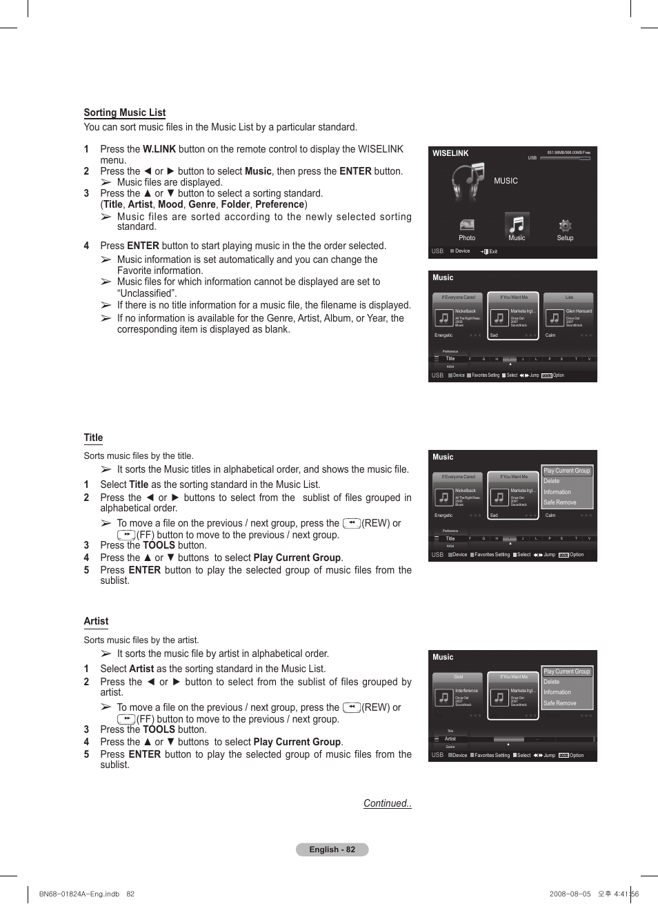 Rew) or, Sorts music files by the title, Sorts music files by the artist | Samsung BN68-01824A-00 User Manual | Page 82 / 230